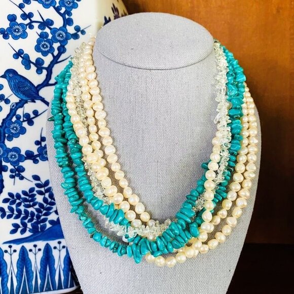 Lucas Lameth LUC 925 CN Sterling Silver Turquoise Pearl and Quartz Multi Layered - Picture 1 of 4